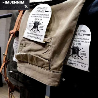 IMJENNIM美式纯棉重磅阿美咔叽工装裤水洗复古男款修身做旧直筒长裤休闲裤 卡其色 36