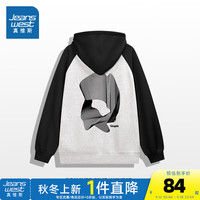 真维斯2024女装印花穿搭时尚宽松外穿休闲插肩连帽卫衣G2 黑色拼花灰色8080 180/100A/XL