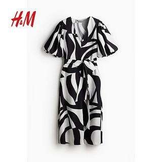 H&M2024秋季女士腰部系带连衣裙1238326 白色/黑色图案 170/104