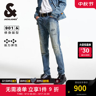 杰克·琼斯（JACK&JONES）秋季时尚百搭舒适衣身磨破长裤子弹力修身牛仔裤男224332027 中牛仔蓝E42 中牛仔蓝E42 165/74A/XSRW