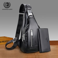 MOEPEQDAISHU 男士胸包斜挎包男单肩包真皮质感休闲商务大容量2023新款时尚挎包 黑色+钱包