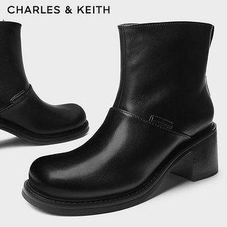 CHARLES&KEITH24秋季简约圆头粗跟复古短靴女靴CK1-90920139 Black黑色 39