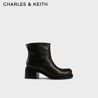 CHARLES&KEITH24秋季简约圆头粗跟复古短靴女靴CK1-90920139 Dark Brown深棕色 39