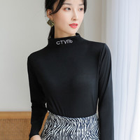 LING JING 灵镜 半高领打底衫女秋冬季新款内搭洋气中领面膜衣百搭基础T恤上衣 磨绒字母黑色 均码