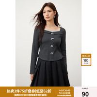 独束大码女装气质蕾丝拼接假两件T恤2024秋季方领蝴蝶结内搭 深麻灰 3