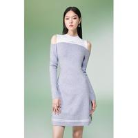 秋装挖肩撞色设计感修身显瘦毛织连衣裙