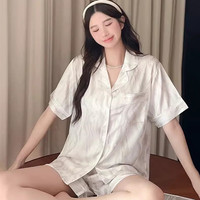 PEANOJEAN韩版水墨画冰丝睡衣女甜美风开衫短袖短裤套装家居服可外穿女7195 流光香槟 M