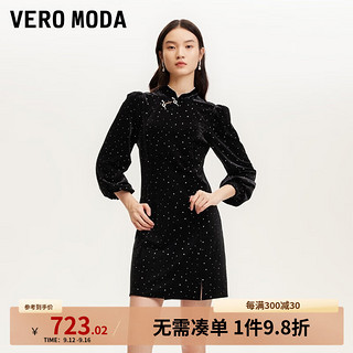 VEROMODA连衣裙女2024早秋新中式闪粉钉珠装饰丝绒小黑裙古典优雅 黑色 155/76A/XS