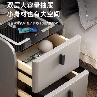 璞登智能床头柜卧室小型现代简约多功能带锁主卧创意实木床边柜极窄款 卡其【智能标配款】 全实木款：30*40*48cm