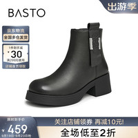 百思图24冬简约时尚时装靴粗跟圆头女短靴U6581DD4 黑色 34