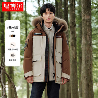 坦博尔达人羽绒服男女户外貉子毛领连帽工装外套TF236579 米棕拼接 160/80A