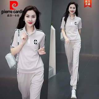 皮尔·卡丹 皮尔卡丹（pierre cardin）休闲运动套装女夏2023新款时尚洋气减龄女士短袖卫衣运动服两件装 奶杏色