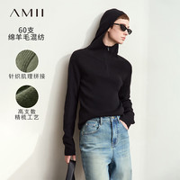 AMII2024冬金属拉链半开襟连帽插肩袖高支数羊毛衫女显瘦毛衣 黑色 155/80A/S