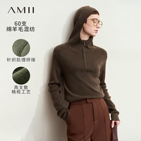 AMII2024冬金属拉链半开襟连帽插肩袖高支数羊毛衫女显瘦毛衣 棕色 160/84A/M