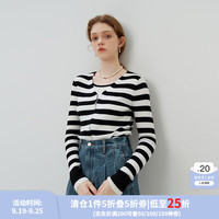 范思蓝恩23FS13017假两件v领针织套头衫通勤简约假两件针织衫女 白底黑条纹 S