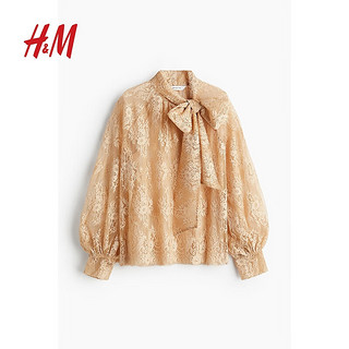 H&M2024秋季新款女装领口系带蕾丝上衣1258985