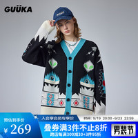 古由卡(GUUKA)潮牌民族风神秘v领针织开衫毛衣男冬 创意休闲大方上衣宽松 黑色 常规 S