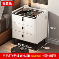 璞登实木智能床头柜现代轻奢多功能无线充电蓝牙音响指纹锁卧室床边柜 暖白(灯+无线充+USB+指纹解锁) 坂木款:50*40*58cm