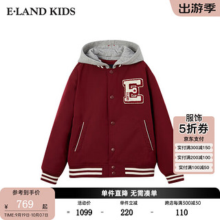 E·LAND KIDS 童装2024年冬季新品男童学院风连帽LOGO棒球服棉服 Burgandy酒红色/29 170cm