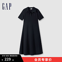 Gap女装2024秋季翻领刺绣logo短袖针织连衣裙简约长裙680487 黑色 155/76A(XS) 亚洲尺码