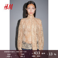 H&M2024秋季女装领口系带蕾丝上衣1258985 米色 160/88