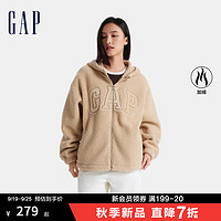 Gap女装2024秋冬贴布绣花logo仿羊羔绒连帽卫衣外套600757 卡其色 160/80A(S)亚洲尺码