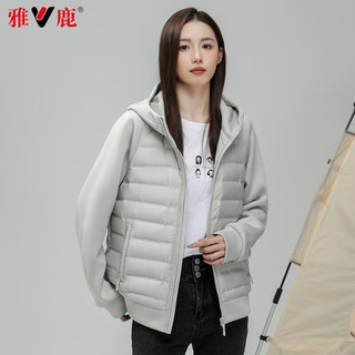 雅鹿羽绒服男士轻薄款男女2024冬季保暖百搭连帽拼接休闲外套 米色 175/L