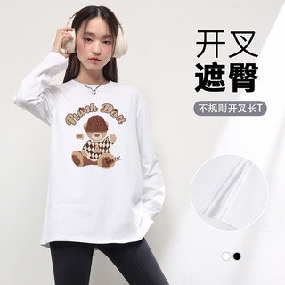 真维斯女装2024秋季针织帽熊印花简约青春流行长袖开衩T恤JR 黑8010 170/92A/L