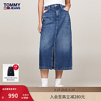 TOMMY JEANS 24秋冬女纯棉复古猫须高腰中长款牛仔半身裙DW0DW19646 牛仔蓝1A5 27