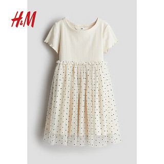 H&M2024夏季童装大童女童薄纱连衣裙1237555 奶油色/波点 110/56