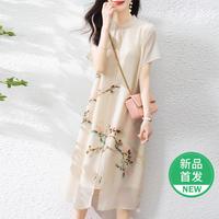 母亲节国风复古改良旗袍裙夏装短袖裙子时尚印花连衣裙女
