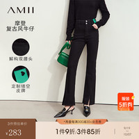 AMII2024冬撞色爱心镂空皮牌开叉高腰牛仔裤长裤女裤子12424061