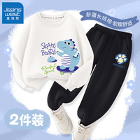 真维斯儿童套装男童秋装春秋款秋季帅气长袖卫衣中大童休闲运动长裤 白 卡通龙滑板+黑 J蓝色恐龙X 110cm
