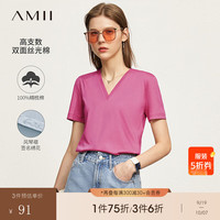 AMII极简新款纯色V领正肩短袖微弹全棉丝光棉T恤女款