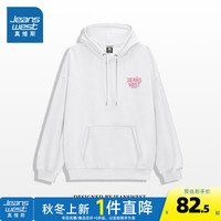 真维斯女装2024秋季设计感宽松时尚慵懒印花连帽长袖卫衣G2 白色810A 175/96A/L