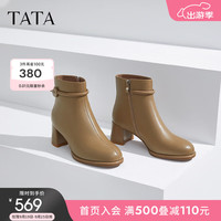 他她(TATA)通勤粗跟时装靴女靴子黑色气质短靴2024冬季CDQ01DD4 卡其色 38