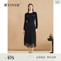 音儿（YINER）【优雅衣橱】YINER音儿专选2024冬假两件百褶网纱针织连衣裙 黑色 46