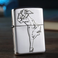 ZIPPO之宝纯银打火机 纯银外壳浮雕唐草风中女郎煤油防风 男士刻字 纯银风中女郎(盔甲版)