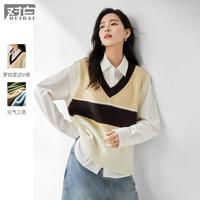 2024春秋装百搭设计感V领撞色条纹色块保暖马夹女式针织背心