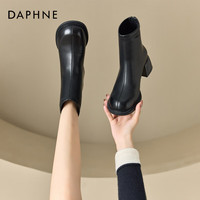 达芙妮;DAPHNE粗跟短靴女秋季纯色皮靴百搭时装靴 加绒黑 35