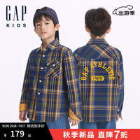 Gap【大小童同款】男童2024秋季新纯棉logo格纹法兰绒衬衫623610 海军蓝撞色 130cm (8-9岁) 亚洲尺码