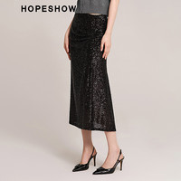 红袖亮片压褶鱼尾裙秋季2024女装侧拉包臀高级气质半身裙 黑050 XS