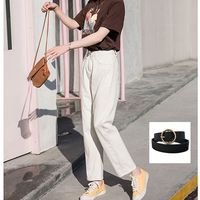 琳诗璐牛仔裤2024春秋水洗复古宽松牛仔裤女美式做旧bf风高街辣妹微喇裤 米白色6963#+腰带 XS