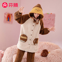 芬腾睡衣女秋冬珊瑚绒连帽长袖开衫卡通双面暖绒家居服睡衣套装 米杏 L