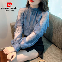 皮尔卡丹网纱雪纺衬衫女2024春秋季时尚气质荷叶边一字肩小衫潮流上衣 蓝色 L
