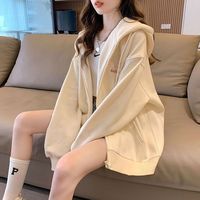 FOURDATRY连帽卫衣女开衫外套2024春秋冬绣花图案慵懒风宽松长袖上衣 薄款杏黄 S