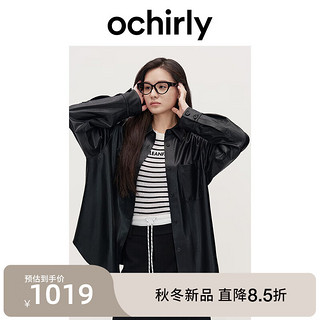 ochirly 欧时力 PU皮中长款宽松衬衫短外套松弛感24秋冬季女 黑色 XL