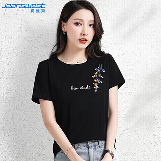 JEANSWEST 真维斯 t恤女夏季薄款短袖T恤纯棉透气上衣女宽松潮流印花铃兰花-黑色M