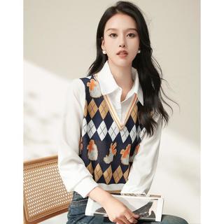 【小众设计感假两件女式衬衫】春季减龄时尚针织拼接衬衣女