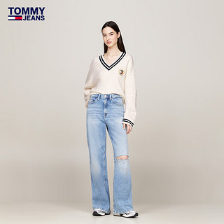 TOMMY JEANS24秋冬女装潮流美式复古徽章刺绣撞色V领针织衫DW0DW19685 米白色YBH S